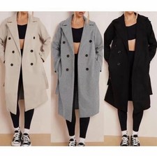 Womens Commuter Pocket Jacket Ladies Double Breasted Tie Waist Long Trench Coat