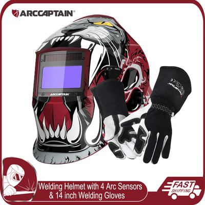 ARCCAPTAIN Welding Helmet Auto Darkening True Color 4 Arc Sensor &Welding Gloves