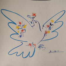 Picasso,dessin, colombe de la paix , variante avec fleurs,années 50, signé 
