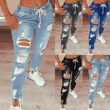 Womens Denim Ripped Pants Jeans Skinny Stretch Elasticated Waist Trousers Pants
