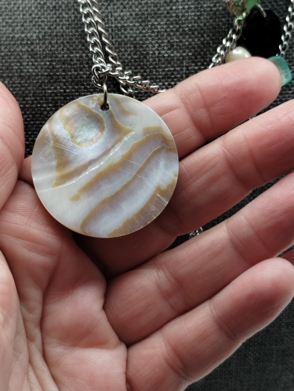 Abalone Shell Multicolor Silvertone Necklace Doub… - image 4