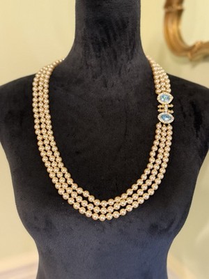 NOLAN MILLER Triple Strand THE HEIRESS Pearl Necklace w/Blue Topaz Clasp