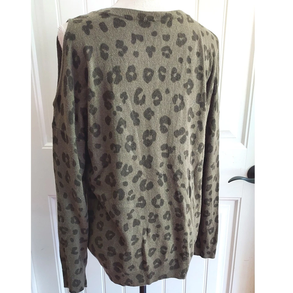 INC Leopard Animal Print Cold Shoulder Sequin Sweater Army Green Women's Size L - Image 3 of 4