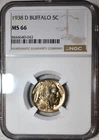 NGC MS-66 1938-D Buffalo Nickel, Cartwheeling, Golden-Toned specimen.