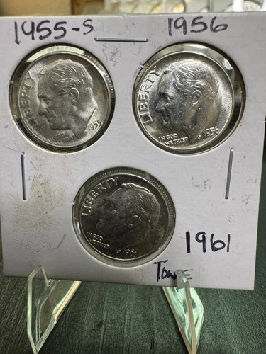 Roosevelt Silver Dimes 1955-S 1956 1961 Toned Uncirculated Lot of 3