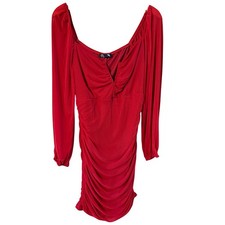 PRETTYGARDEN Red Ruched Mesh Bodycon Mini Dress Square Neck Long Sleeve Large