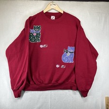 Vintage 90s Cat Sweatshirt Women's Large Burgundy Pullover Cats Mouse Grandma