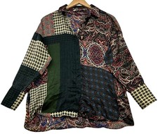Zara Basic Womens Button Front Boho Blouse Long Sleeve Sz S Multi Mix Patchwork