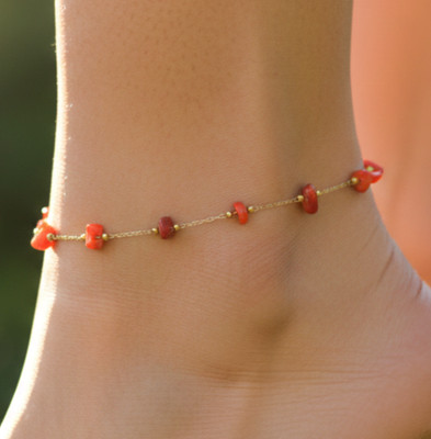 Elegant Gold Tone Anklet Minimalist Boho Orange Coral Beaded Pattern Anklet