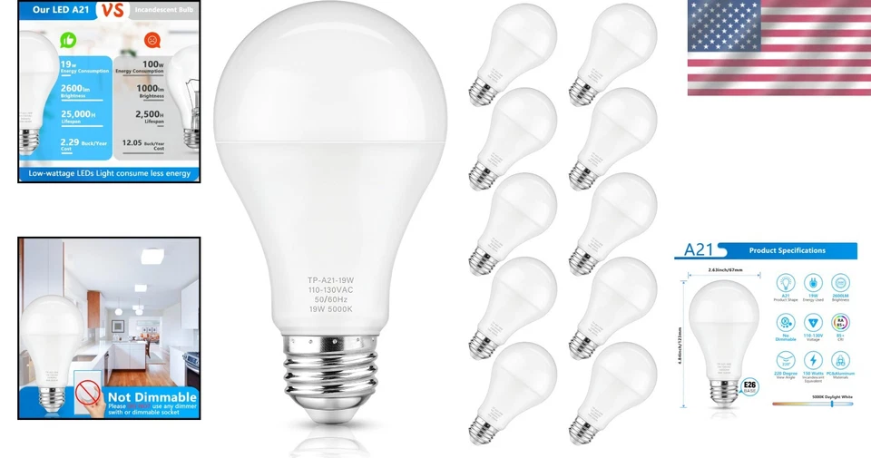 Flicker-Free A21 LED Light Bulbs, 10-Pack, 19W & 150W Equivalent, Non-Dimmable - Image 2 of 4