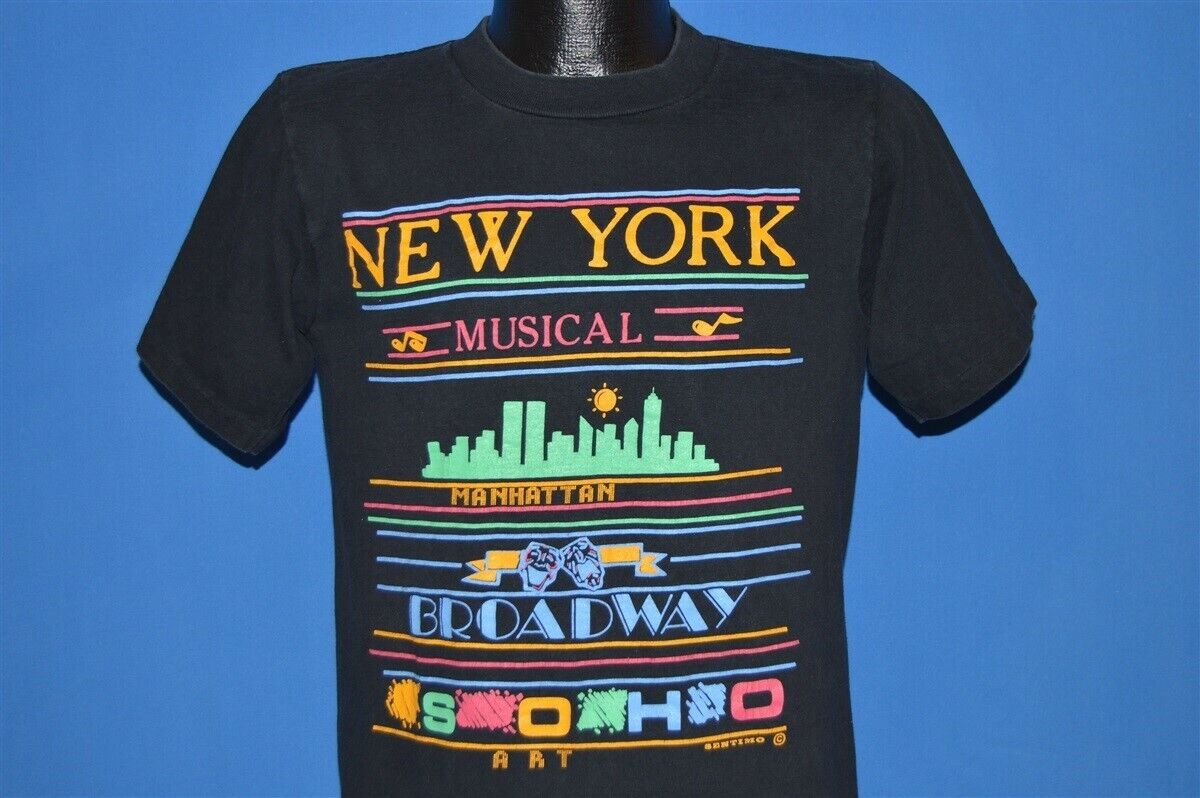 | MANHATTAN TOURIST BROADWAY MUSICAL SKYLINE 90s ART t-shirt NEW YORK M SOHO vtg eBay