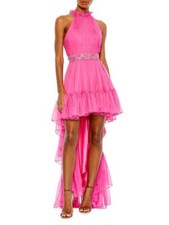 Mac Duggal 68029 Halter Neck High-Low Gown Sz 4 Hot Pink
