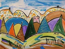 ORIGINAL Landscape Naive Folk Outsider Ink WC Mary Carol art MCW Primitive