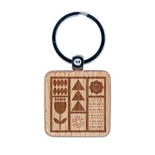 Mod Design Flowers Triangles Leaves Engraved Wood Square Keychain Tag Charm
