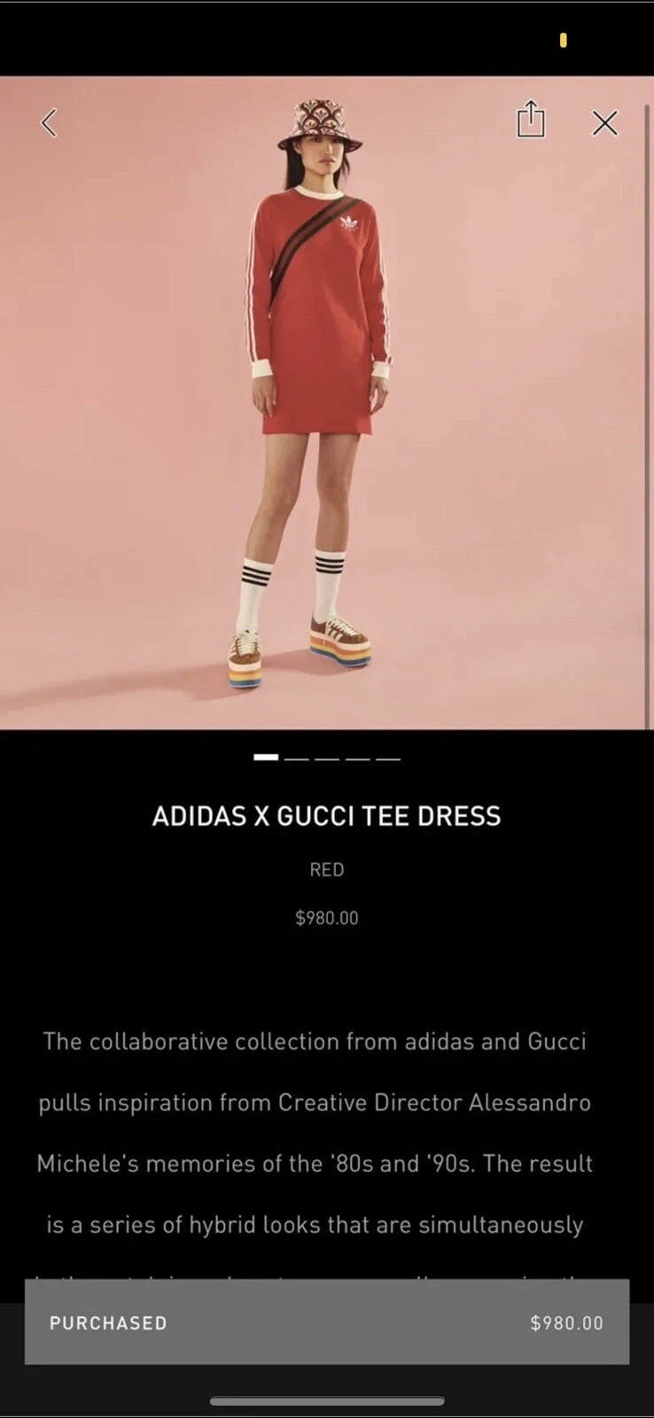 ROBE GUCCI X ADIDAS COLLAB LONGUE ROUGE COTON MANCHES LONGUES neuve petite
