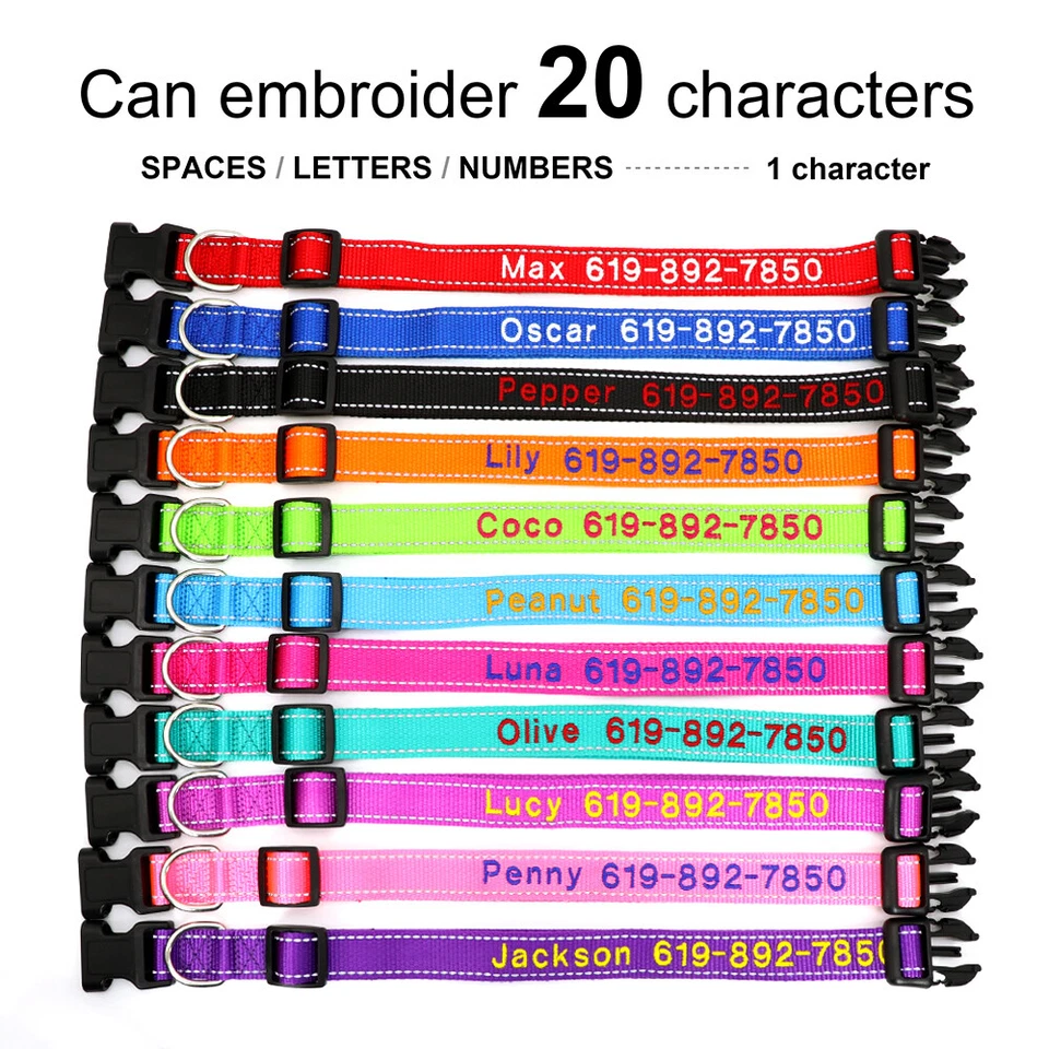 Embroidered Nylon Dog Collar Reflective Personalised ID Name Phone Number S-XL  - Image 4 of 4