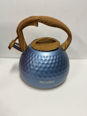 Belanko Tea Pot, 2.7 Qt, Whistling with Wood Pattern Handle, Blue