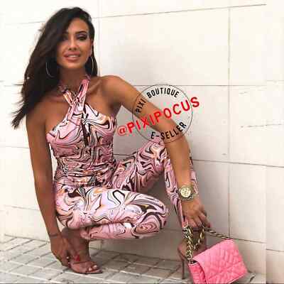 ZARA NEW LONG HALTER JUMPSUIT ABSTRACT PRINT STRETCHY PINK S - M 4770/049 |  eBay