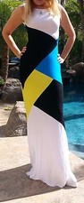 Maya Antonia-Blue-Yellow-Black-White Color-Block Maxi Dress,Extra Long