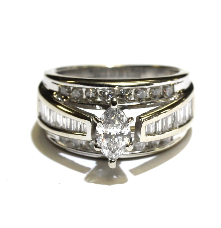 GIA 14k white gold 1.34ct marquise diamond engagement wedding band ring 8.1g