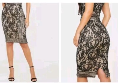 Pretty Little Thing Body Con Dress Black Crochet/Lace over Tan liner sz 8  NWT | eBay