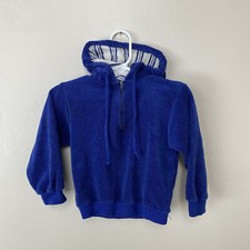 Vintage 1960s/70s Kids Hooded Terry Cloth Quarter Zip Sweatshirt Blue 60s Stripe