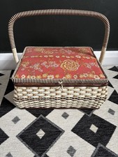 Vintage 1970s Rattan Wicker Sewing Basket Lined Red Floral