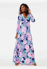 Lilly Pulitzer Martinique Long Sleeve V Neck Tiered Maxi Dress Hey Hey Bouquet S