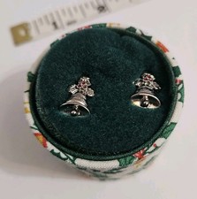 Vtg Avon Jingle Bells Earrings Silver Tone Rhinestones Box Christmas 1988