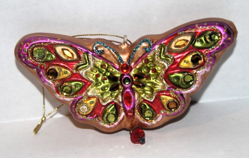 Garden BUTTERFLY BLOWN GLASS Xmas ORNAMENT w/GEM dangles PINK Glitter & Jeweled