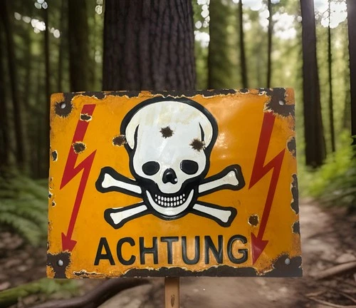 Vintage German Army Military Warning Sign Achtung Porcelain Skull & Crossbones