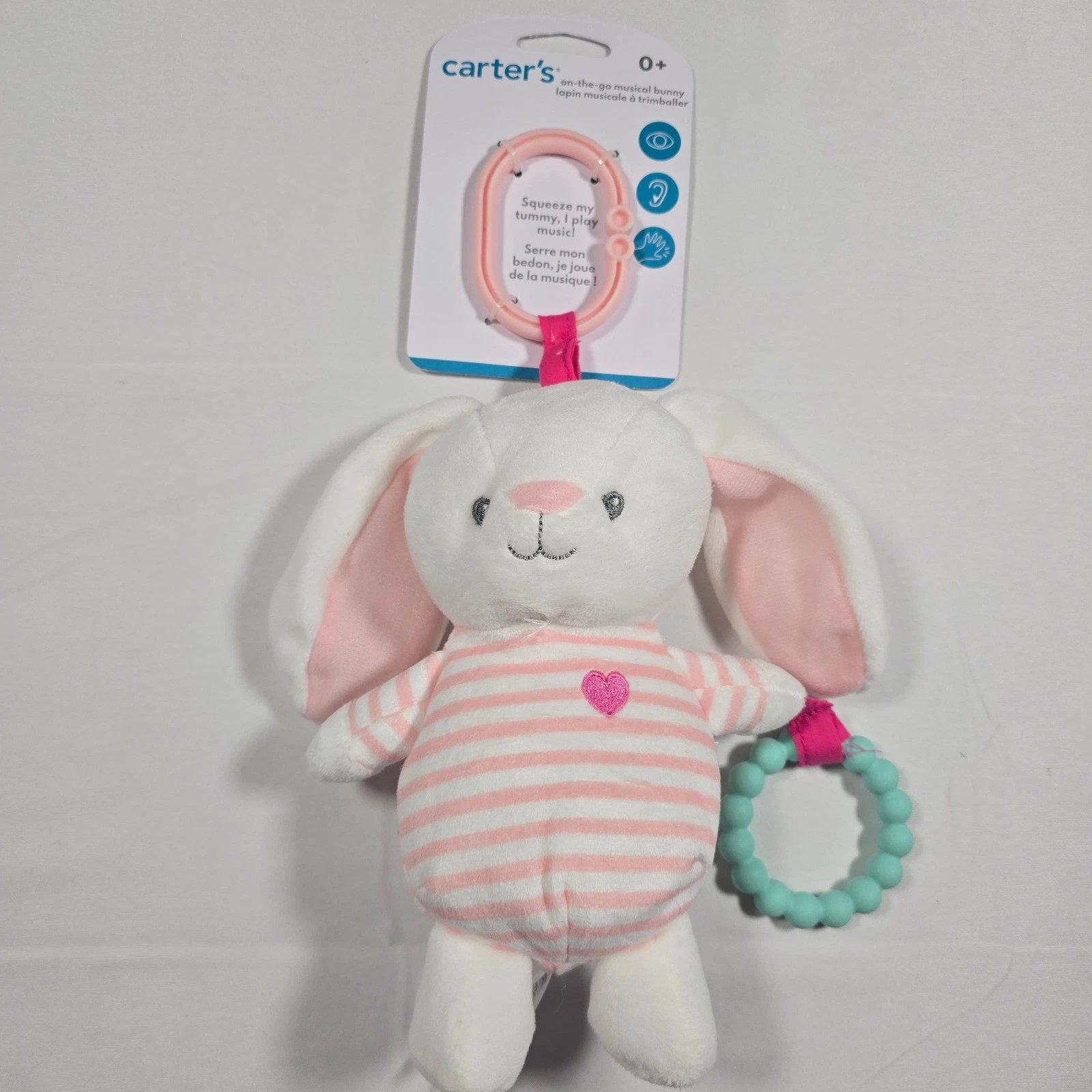 Carters On-The-Go Musical Bunny Plush Stroller Toy Pink White Stripe Teether NWT