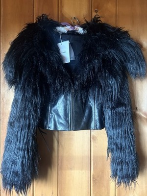 Jaded London Long Haired Cropped Faux Fur Jacket Lace Up Zipper Black S JWJK5174