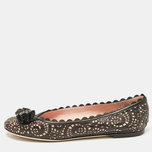 Ballerines Dior noir/rose découpé au laser nœud cuir taille 36