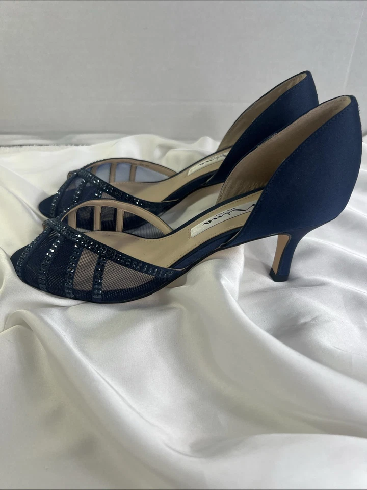 Tacones de aguja Nina New York azul marino punta abierta para mujer talla 6 nueva suela de cuero Foto 4 de 4