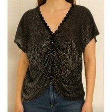 Vintage Disco Glam Sequin Ruched V-Neck Metallic Blouse Black Silver Sz Small