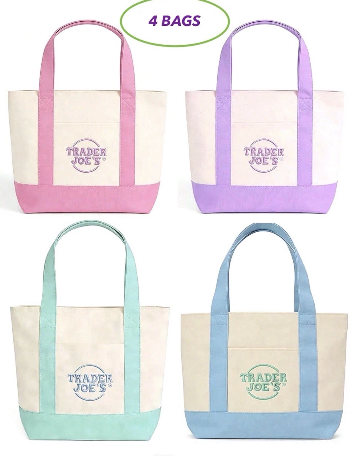 4X TRADER JOE&rsquo;S MINI PASTEL CANVAS TOTE BAGS &ndash; 2026 SPRING SET