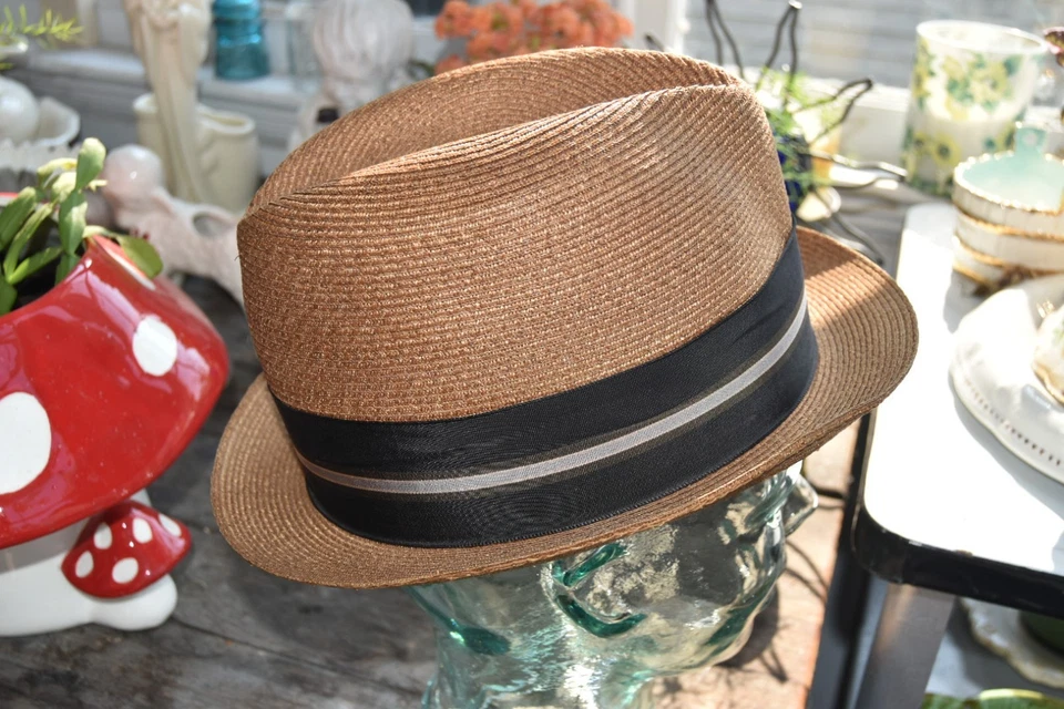 Sombrero de rafia vintage de Adam, Meldrum & Anderson Company años 40 50 para hombre talla 20,5"" Foto 3 de 4