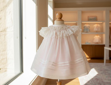 NWT Will'beth Ivory Pink Sheer Pearl Smocked Bishop Dress 6 Months Baby Girls 6M
