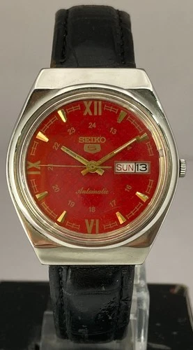 Vintage Seiko5 Red Dial Day/Date 6309 Automatic Watch Leather Strap "Serviced"