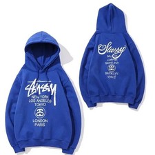 Stussy Loose Fit Men Medium Streetwear Cities Pullover Graphic Hoodie Blue White