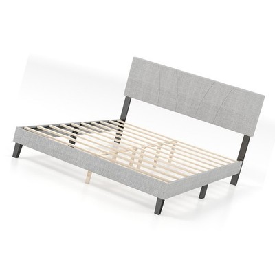 Queen Frame Bed Beige Strong Load Bearing Wooden Bed Frame with Soft Headboard
