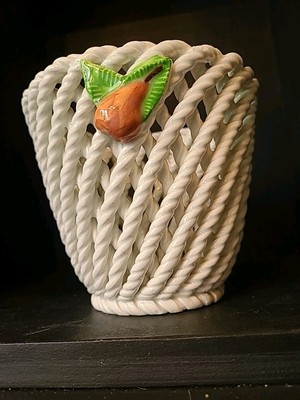 Open Weave Lattice Ceramic Flower Pot Basket White Glazed Made In Spain
