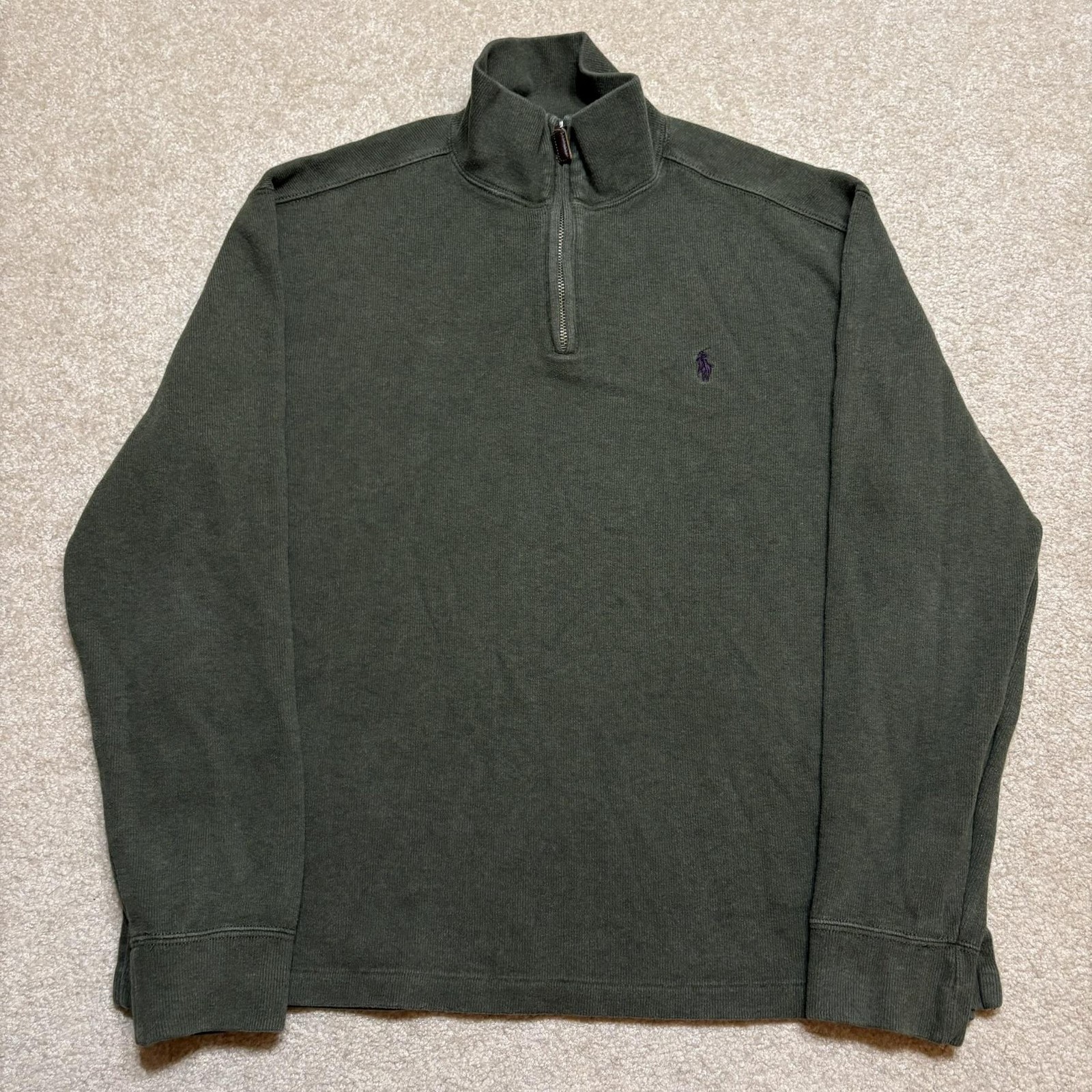 Vtg Polo By Ralph Lauren Sweater Mens Medium Green 1/4 Zip Mock Neck Cotton
