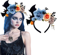 Halloween Bat Roses Flowers Crown Headband Gothic Ghost Bride Queen Hair Hoop Da