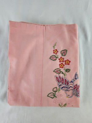 VTG Embroidered Pillowcase Pink Bird Floral Partial DIY Needlework Craft 