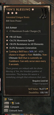 Yen's Blessing 4GA 56% Ancestral Unique Boots Diablo 4 - Softcore Eternal