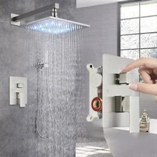 16'' LED Brushed Shower Faucet System Set Rainfall Shower Head Combo Mixer Valve