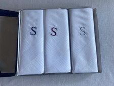 Stafford Mens Hankerchief Set of 3 Monogramed "S" White All Cotton NOS
