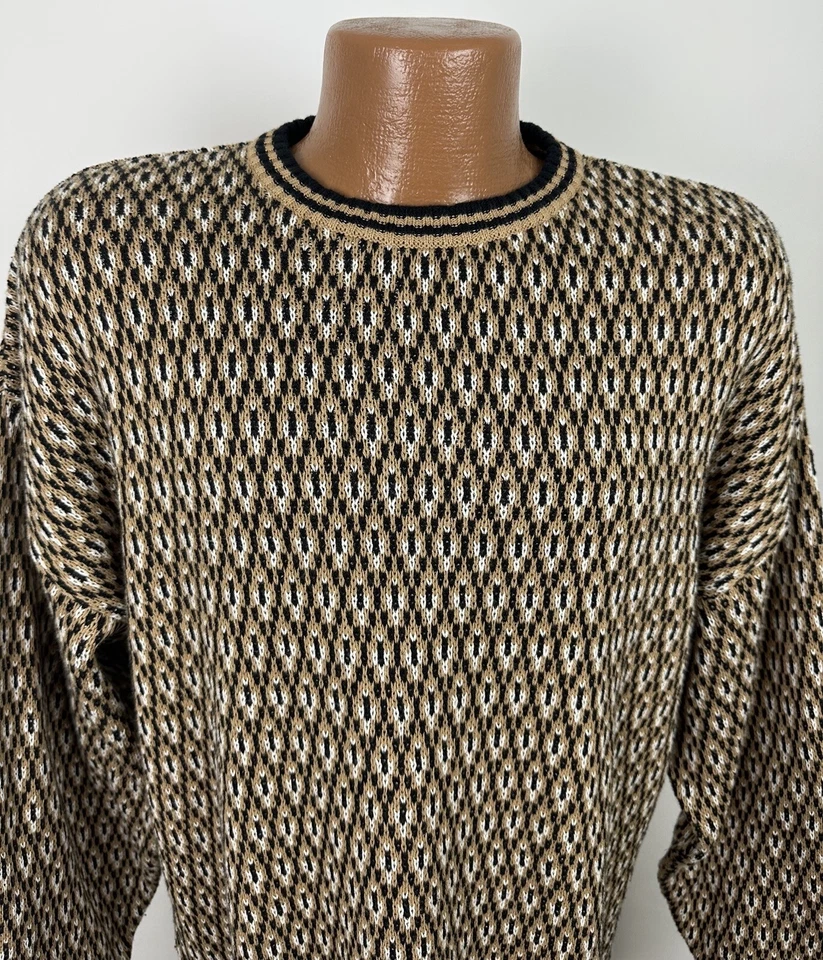 Vintage 90s PERRY ELLIS Golf Sweater L Beige Diamond Medallion Paisley Preppy  - Image 2 of 4